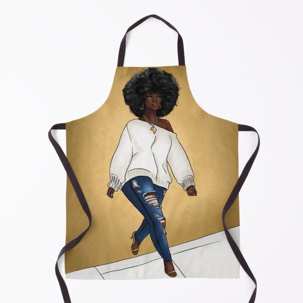 Curvy Dark Skin Black woman with big afro - African American Art Apron