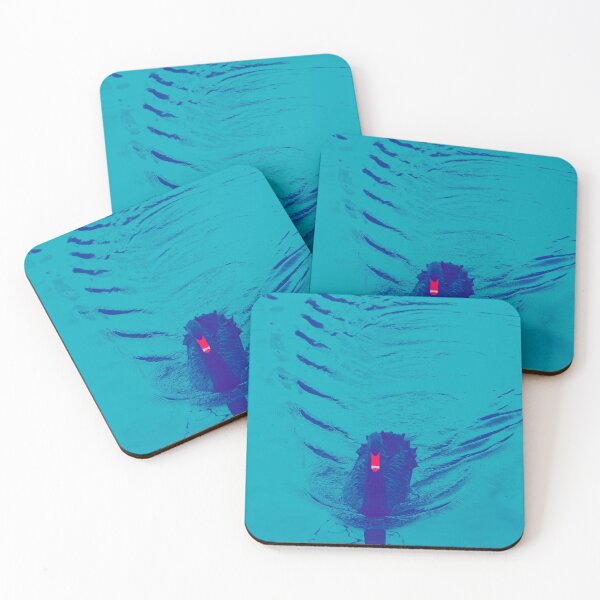 Item preview, Stylized black swan with characteristic red and white beak makes blue fan shaped ripples swimming towards lake edge . designed and sold by Brian Scantlebury.