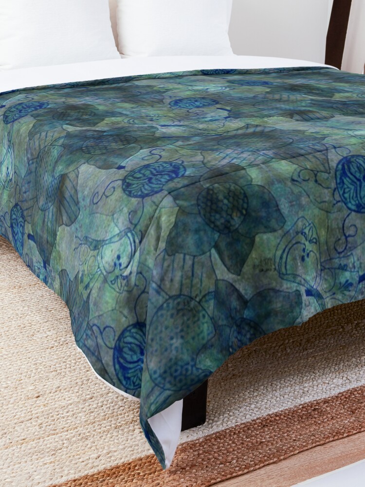 Alternate view of mottled green and blue floral with butterflies pattern Comforter