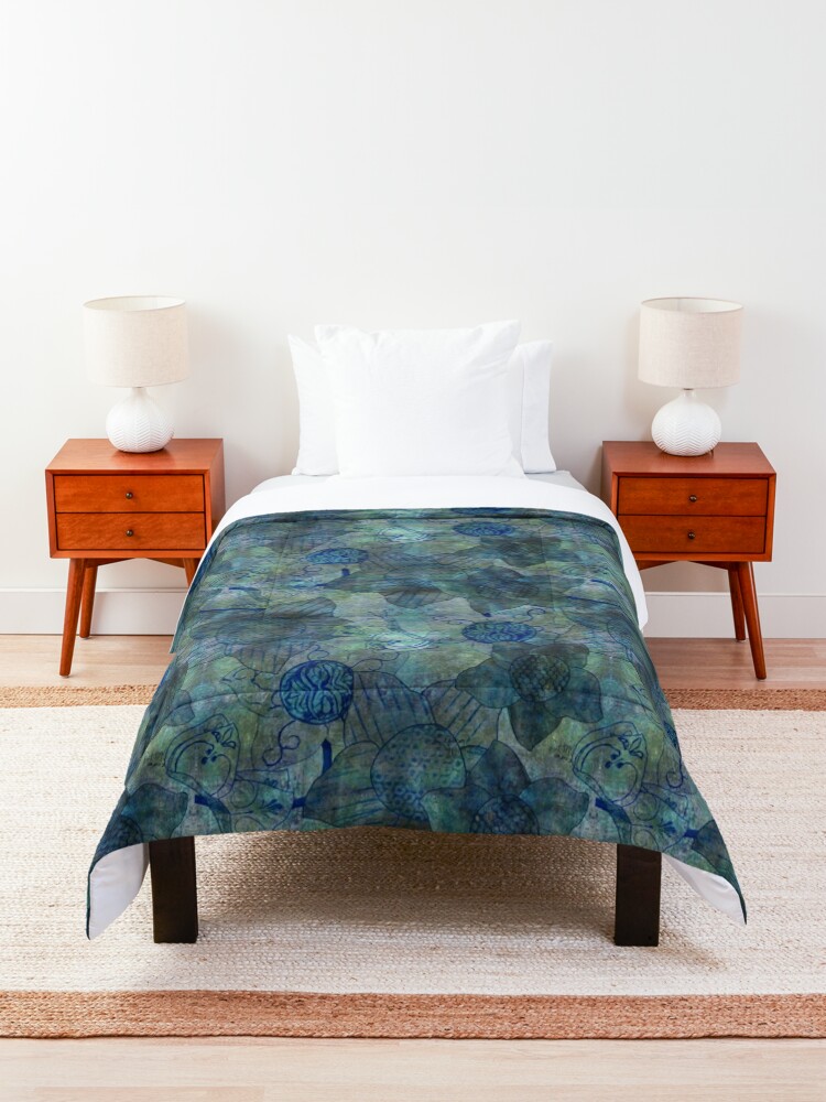 Alternate view of mottled green and blue floral with butterflies pattern Comforter