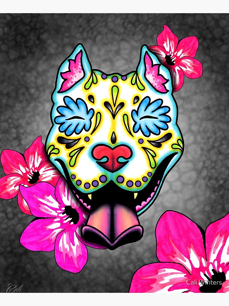 Slobbering Pit Bull - Day of the Dead Sugar Skull Pitbull Dog by prettyinink