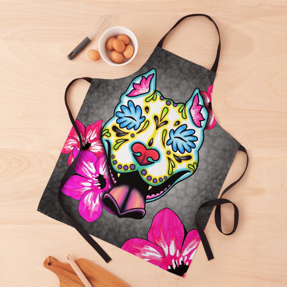Slobbering Pit Bull - Day of the Dead Sugar Skull Pitbull Dog Apron