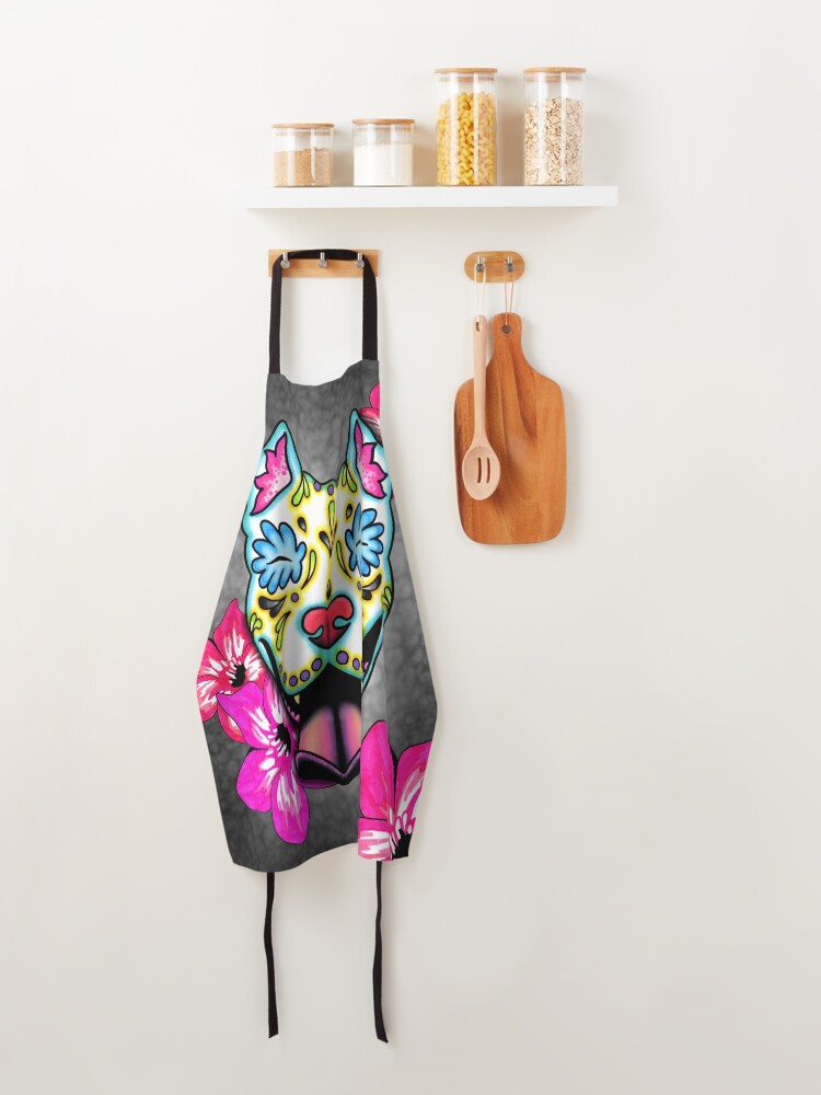 Alternate view of Slobbering Pit Bull - Day of the Dead Sugar Skull Pitbull Dog Apron