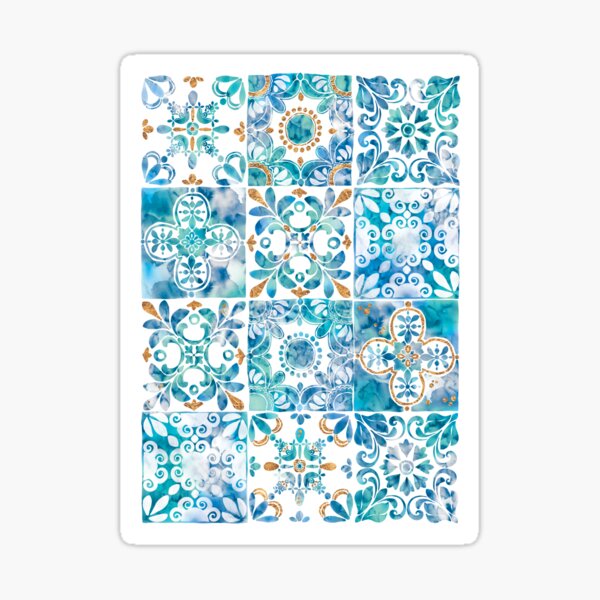 Vista previa del artículo con la obra «Patrón de mosaico marroquí, Azulejos azules y dorados, Baldosas de cemento, Mosaicos de acuarela, Azulejos portugueses, Patrón bohemio», diseñado y vendido por Anaïs Illustration.