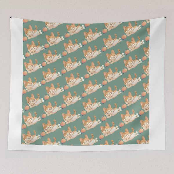 Item preview, Customized and illustrated cute cat and orange pattern on a green plain background. designed and sold by pinklimesshop.