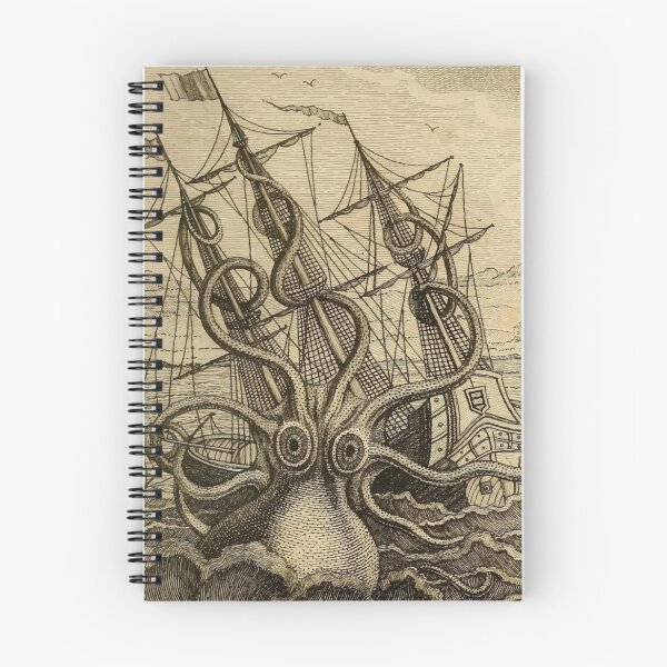 Item preview, Vintage Kraken attacking ship illustration on parchment designed and sold by monsterplanet.