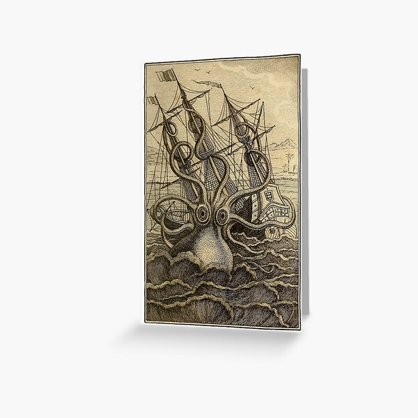 Item preview, Vintage Kraken attacking ship illustration on parchment designed and sold by monsterplanet.
