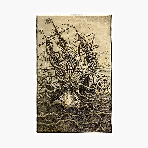 Item preview, Vintage Kraken attacking ship illustration on parchment designed and sold by monsterplanet.