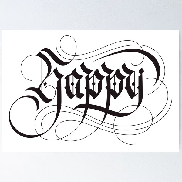 Artikelvorschau, "Happy" Blackletter Handlettering With Swooshes Decoration entworfen und verkauft von gamboling.