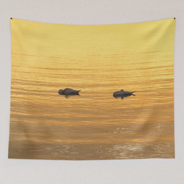Item preview, Sleeping on Bold Gold Silk - a Swan Pair Floating on Lustrous Sunlit Water designed and sold by Georgia Mizuleva.