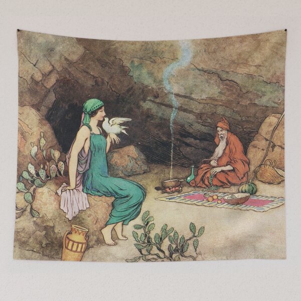 Aperçu de l'œuvre Woman with dove at the entrance to a cave - Warwick Goble créée et vendue par Vintage Designs +.