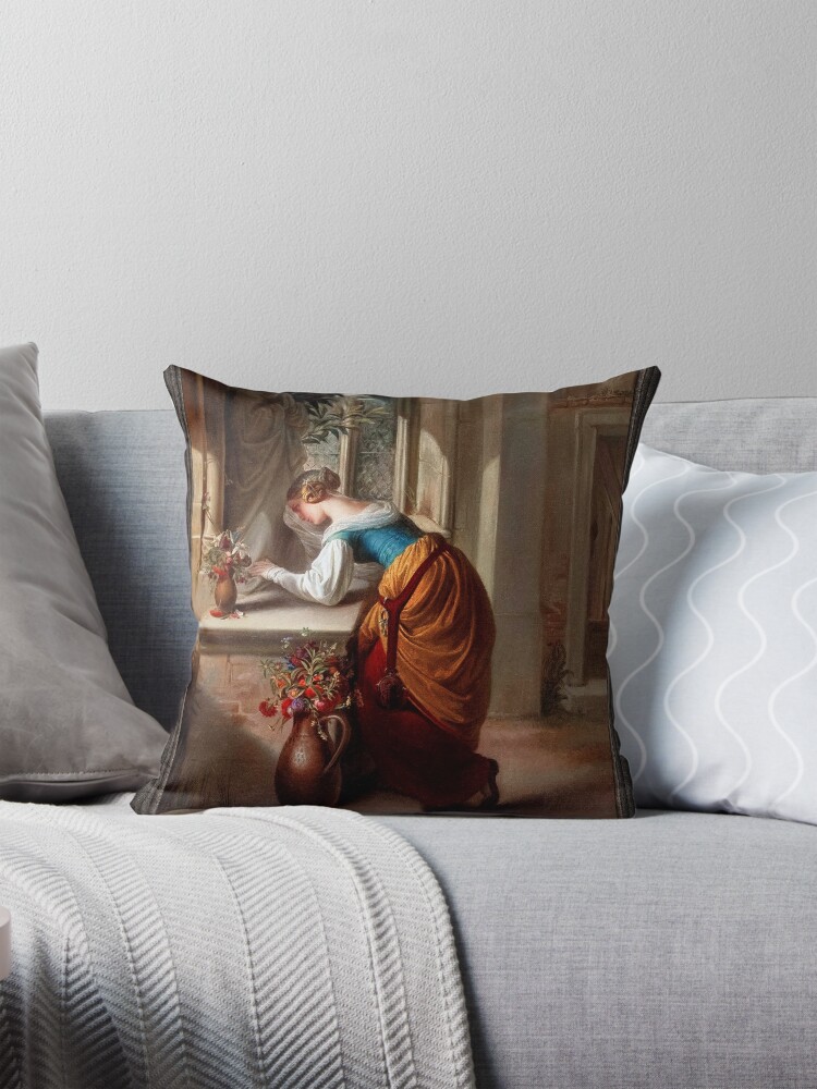 Gretchen In front of Statue Of Saint Mary by Adam Vogler - Faith and Dedication 2 Gretchen vor der Statue der Heiligen Maria by Adam Vogler Classical Fine Art Old Masters Reproduction Decorative Art Print Throw Pillow