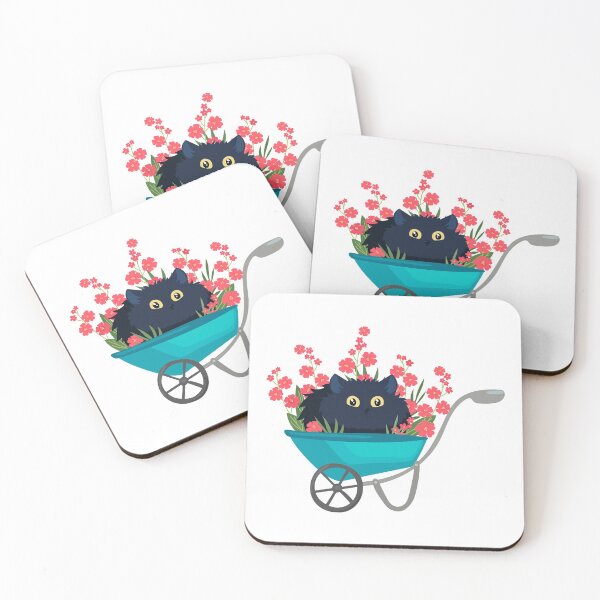 Item preview, black cat in a garden wheelbarrow with red flowers designed and sold by babanovaesha.
