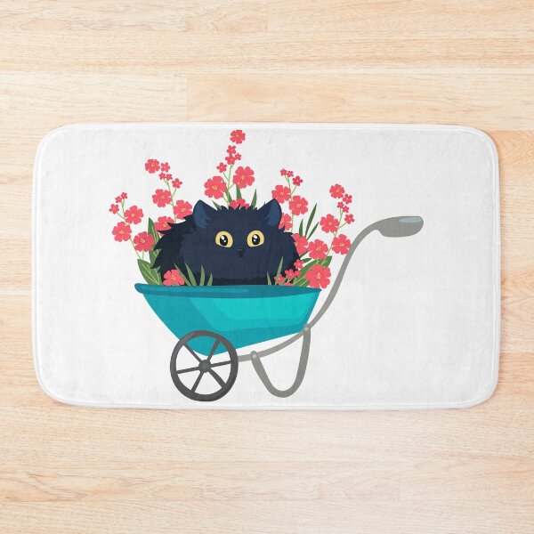 Item preview, black cat in a garden wheelbarrow with red flowers designed and sold by babanovaesha.
