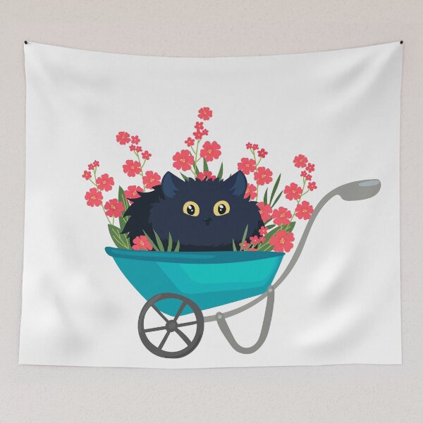 Item preview, black cat in a garden wheelbarrow with red flowers designed and sold by babanovaesha.