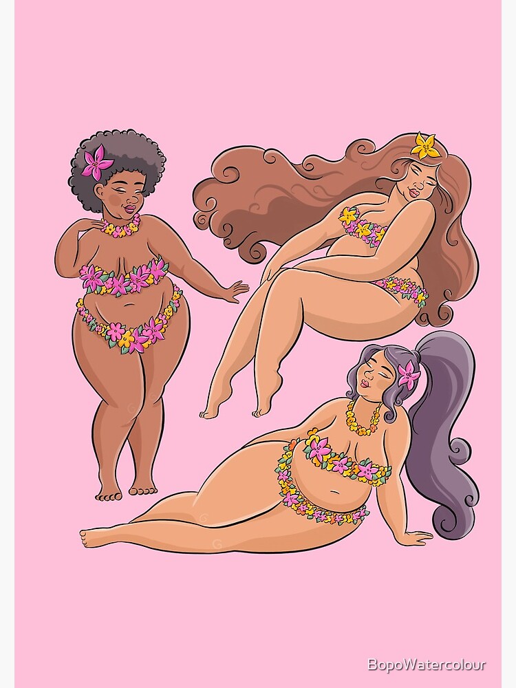 Beautiful plus size beauties wearing tropical flower bikinis