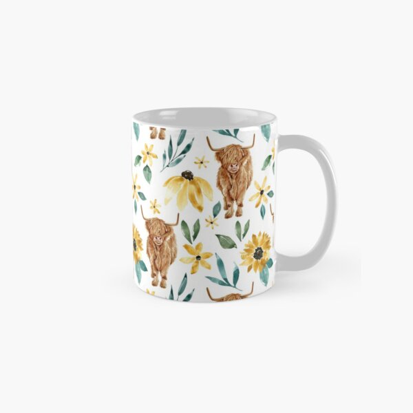 Highland Cow and Sunflowers, Wildflowers, Cow Art, Yellow Floral Classic Mug