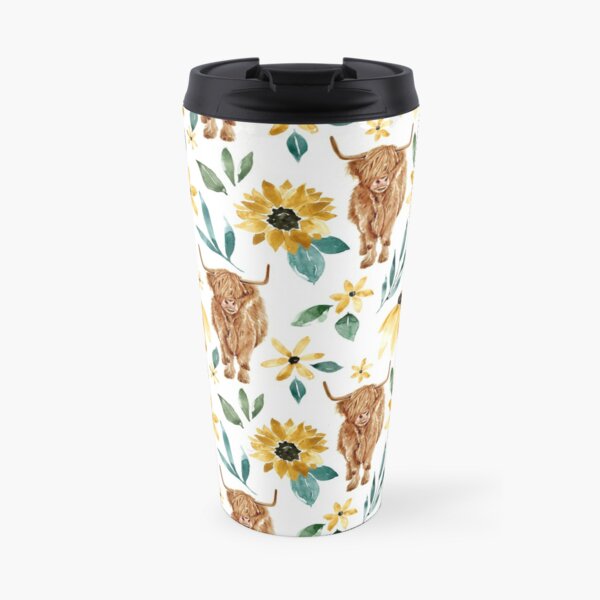 Highland Cow and Sunflowers, Wildflowers, Cow Art, Yellow Floral Travel Coffee Mug