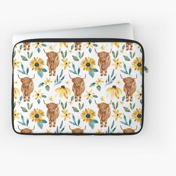 Highland Cow and Sunflowers, Wildflowers, Cow Art, Yellow Floral Laptop Sleeve