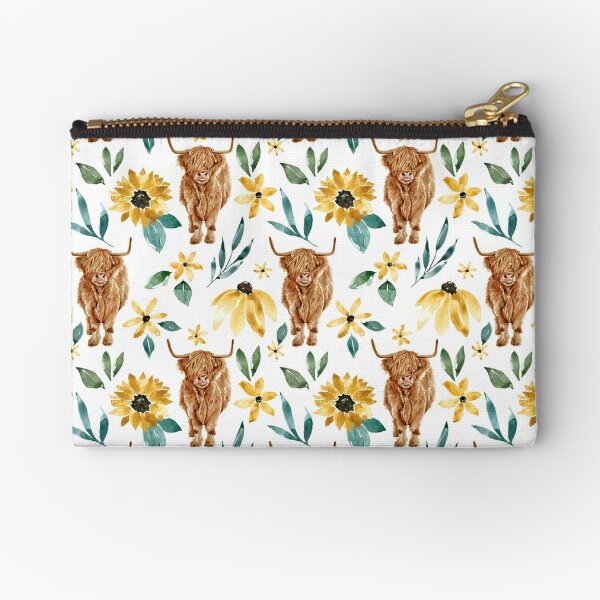 Highland Cow and Sunflowers, Wildflowers, Cow Art, Yellow Floral Zipper Pouch