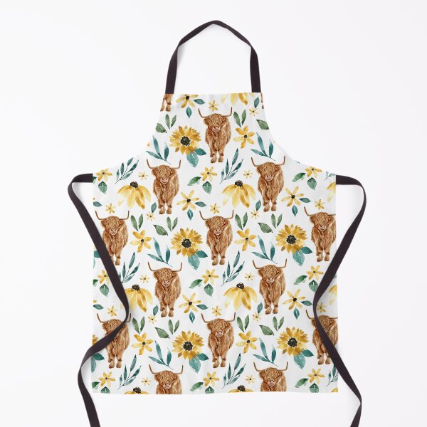 Highland Cow and Sunflowers, Wildflowers, Cow Art, Yellow Floral Apron