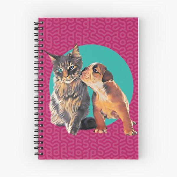 Item preview, Bulldog kissing a Maine Coon Cat on teal and burgundy background graphic art designed and sold by forziati design.