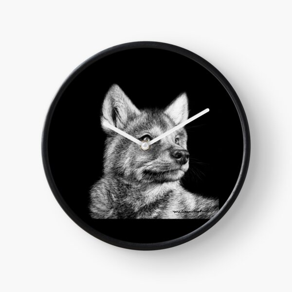 Wolf Pup Black and White Art Clock