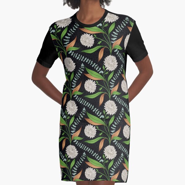 Winter Bouquet - Black Graphic T-Shirt Dress