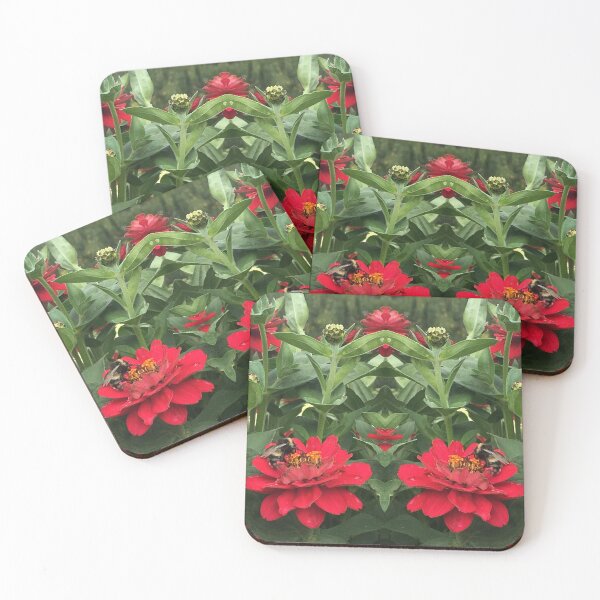Item preview, Bumblebees Feast in the Scarlet Zinnias, Fiery Symmetry of Love  designed and sold by RoseAromas.