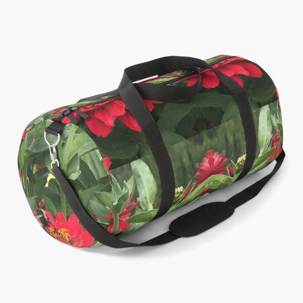 Item preview, Bumblebees Feast in the Scarlet Zinnias, Fiery Symmetry of Love  designed and sold by RoseAromas.
