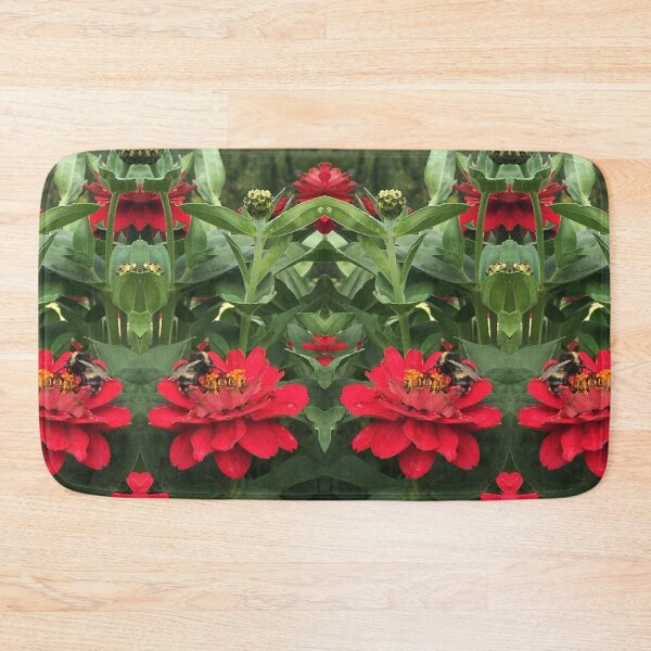 Item preview, Bumblebees Feast in the Scarlet Zinnias, Fiery Symmetry of Love  designed and sold by RoseAromas.