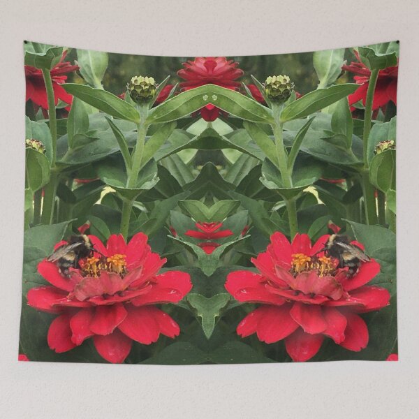 Item preview, Bumblebees Feast in the Scarlet Zinnias, Fiery Symmetry of Love  designed and sold by RoseAromas.