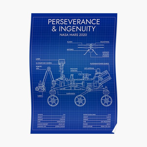 Perseverance & Ingenuity - MARS 2020 (Blueprint) Poster