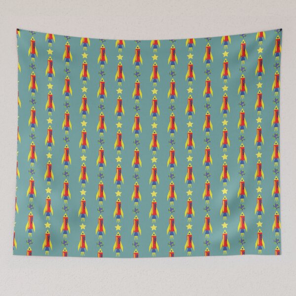 Item preview, rocket, stars and planets with blue background designed and sold by ddesignnstudio.