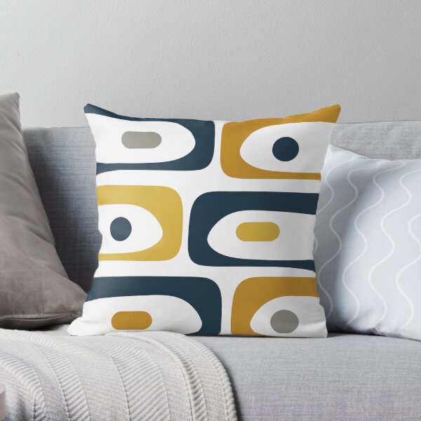 Mid Century Modern Piquet Abstract Minimalist Pattern in Navy Blue, Light and Dark Mustard, Grey, and White Throw Pillow