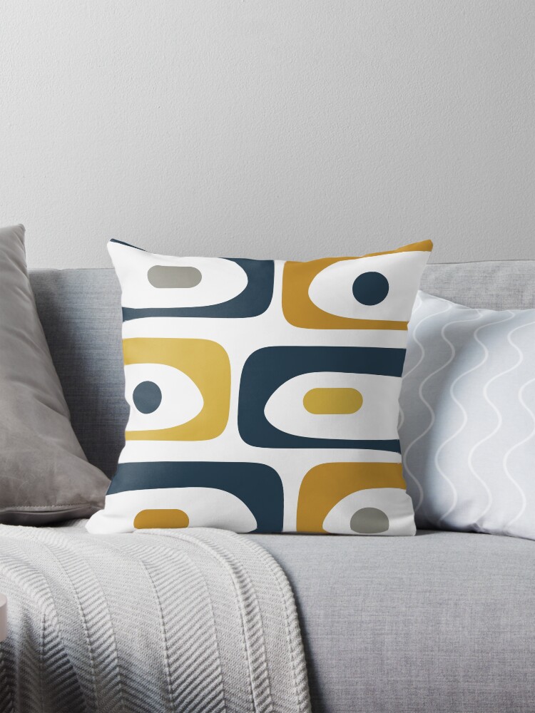 Mid Century Modern Piquet Abstract Minimalist Pattern in Navy Blue Light and Dark Mustard Grey and White Pillow for Sale by kierkegaard Redbubble