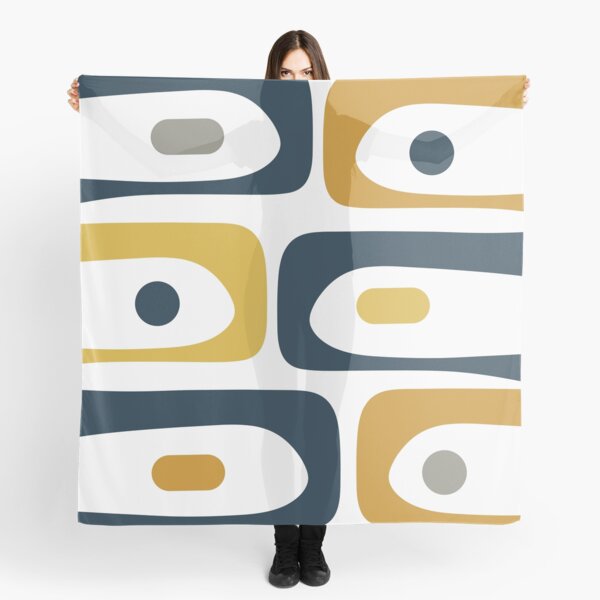 Aperçu de l'œuvre Motif minimaliste abstrait de piquet moderne du milieu du siècle en bleu marine, moutarde claire et foncée, gris et blanc créée et vendue par kierkegaard.