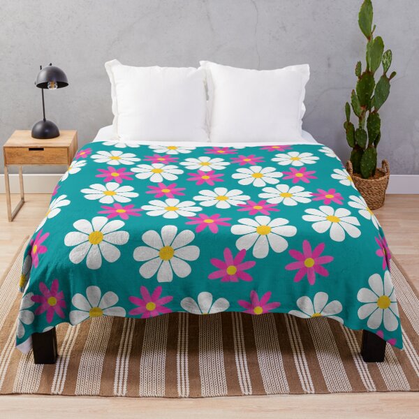 Item preview, 60s Retro Vintage Flowers Sixties Daisies White Pink Flowers on Blue designed and sold by fairy-taler.
