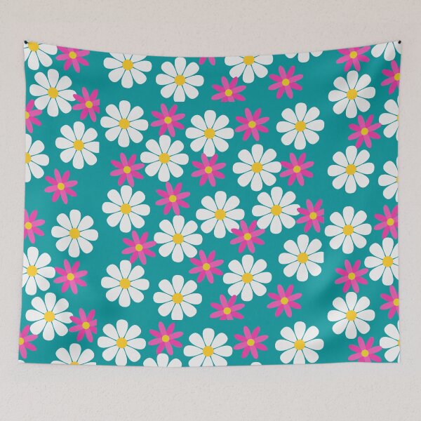 Item preview, 60s Retro Vintage Flowers Sixties Daisies White Pink Flowers on Blue designed and sold by fairy-taler.