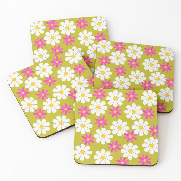 Item preview, 60s Retro Vintage Flowers Sixties Daisies White Pink Flowers on Yellow designed and sold by fairy-taler.