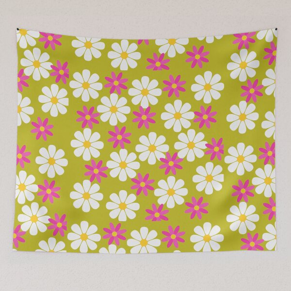 Item preview, 60s Retro Vintage Flowers Sixties Daisies White Pink Flowers on Yellow designed and sold by fairy-taler.