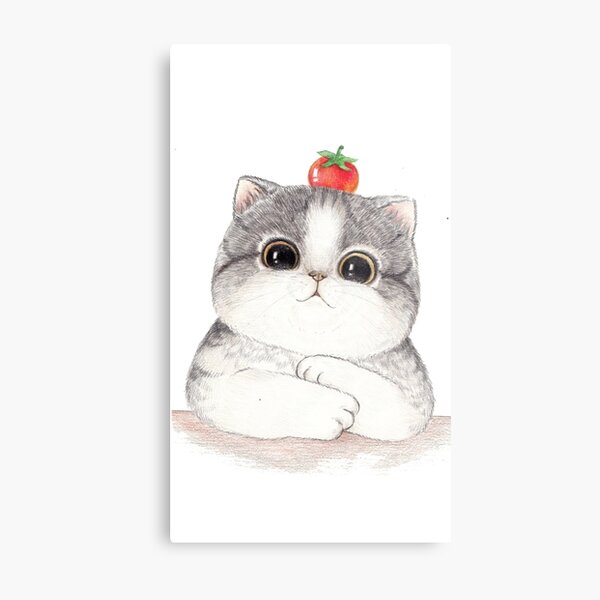 Hello Cute Kitty Cat Drawing With Apple on Head Metal Print