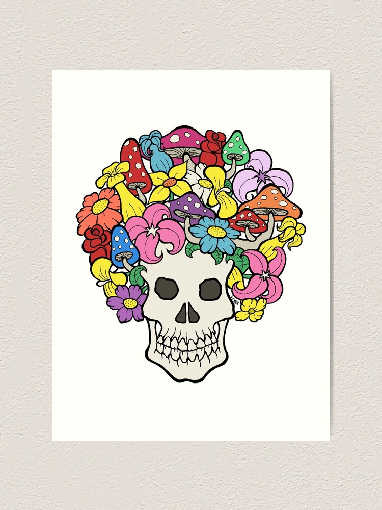 Skull With Afro Made Of Flowers And Mushrooms Art Print By Bgilbert Redbubble