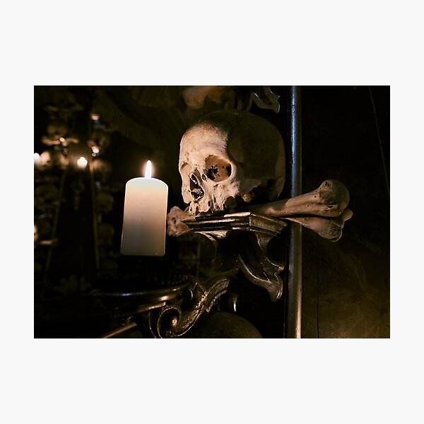Sedlec Ossuary Candle Photo Art, Skull Bone Church Photographic Print