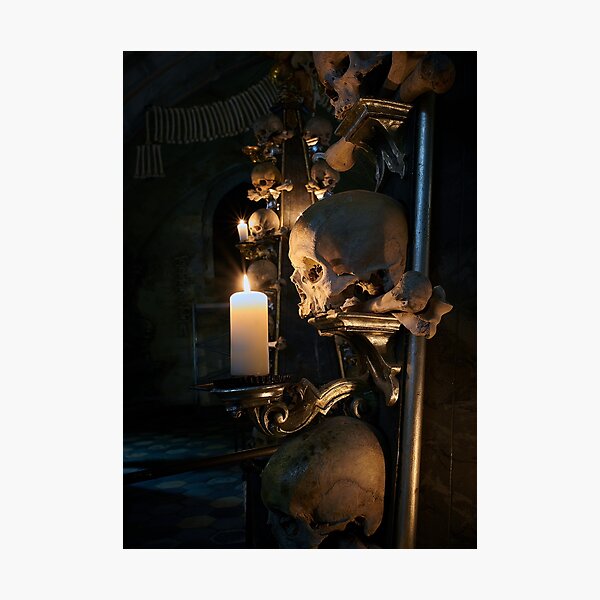 Sedlec Ossuary Candle Photo Art, Skull Bone Church Photographic Print