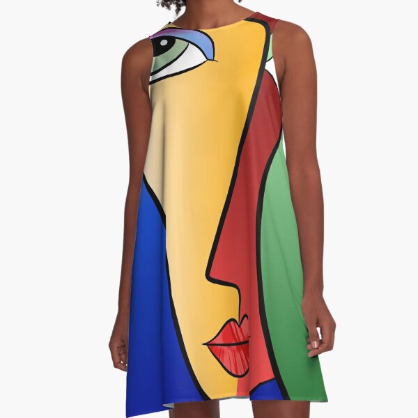 Portrait of a Woman Abstract Art in Shades of Vivid Colors - Surrealism A-Line Dress