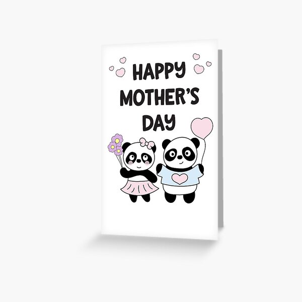 Cute Pandas Happy Mothers Day Hearts and Flowers Greeting Card