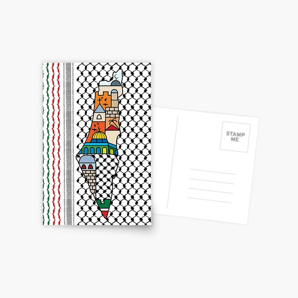 Vista previa del artículo con la obra «Amo Palestina, mi patria, mapa palestino con el patrón Kufiya Hatta y las ciudades más sagradas de Jerusalén - negro», diseñado y vendido por QualiTshirt.