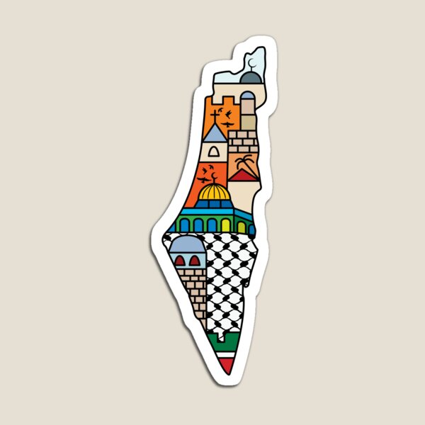 Vista previa del artículo con la obra «Amo Palestina, mi patria, mapa palestino con el patrón Kufiya Hatta y las ciudades más sagradas, blanco», diseñado y vendido por Hurriyyatee.