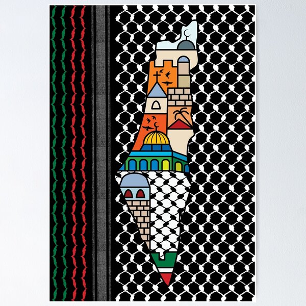 Item preview, Amo Palestina, mi patria, mapa palestino con el patrón Kufiya Hatta y las ciudades más sagradas, blanco designed and sold by Hurriyyatee.